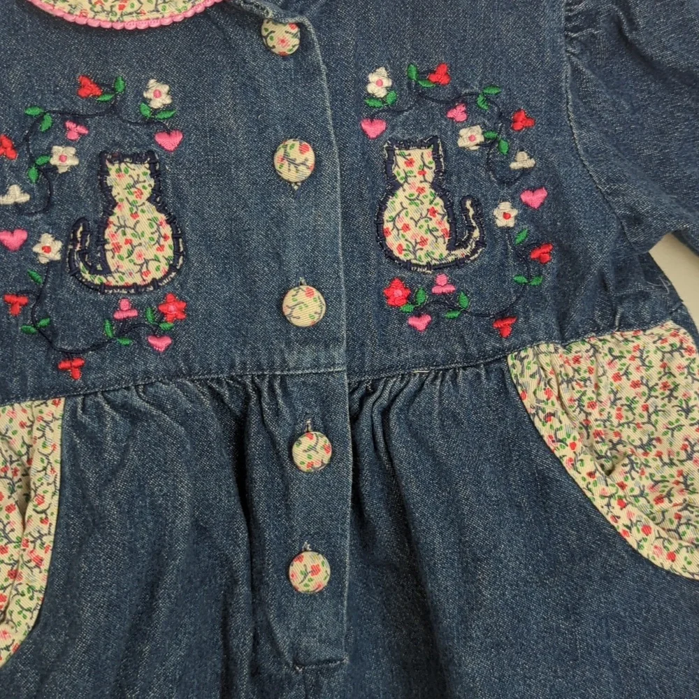 🌸Vintage‎ Hush Puppies Denim Floral Embroidered Cat One Piece Outfit Size 18 Mo